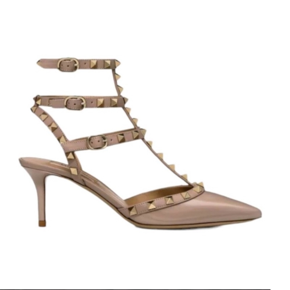 Valentino Rockstud Caged 65 Patent Ankle Strap Pump Taupe Size 36.5